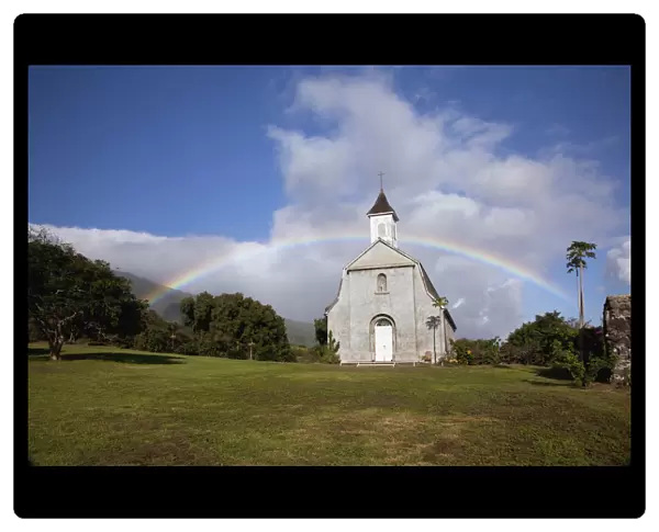 Hawaii, Maui, Kaupo, A rainbow forms over St. Josephs Church