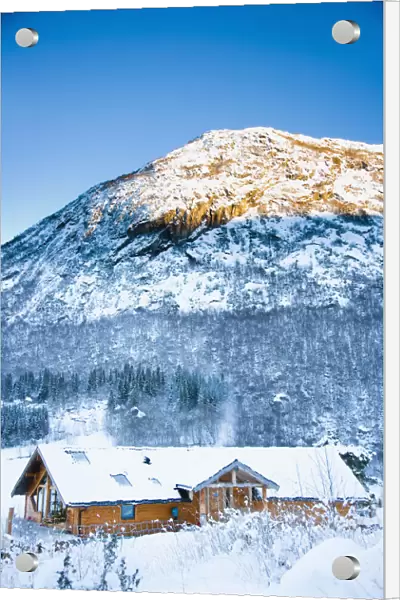 Norway, Sognefjord, winter wonderland; Ortnevik, Alpine Log cabin in snow, Pine forest Brekke Rental Cabins, snow, Mountains, Winter Alpine scenery