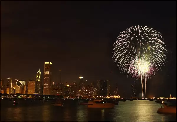 Fireworks Against Chicago Skyline At Night