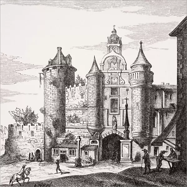 The Great Chatelet Of Paris. Principal Front Opposite The Pont-Au-Change. Copy Of Copper Engraving By Merian In Zellers Topographia Galliae