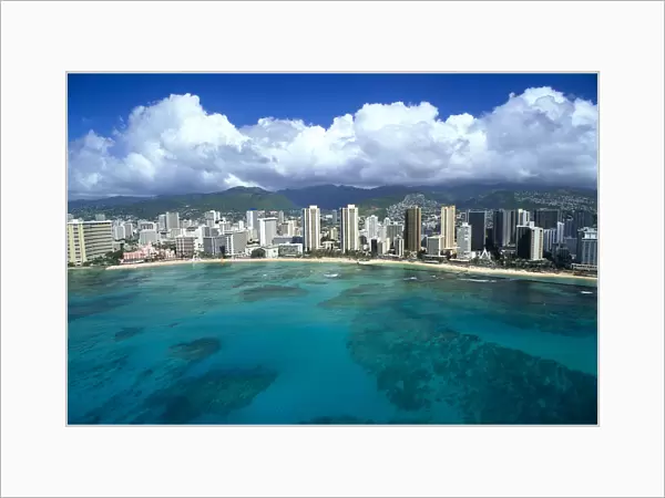 Hawaii, Oahu, Waikiki, Aerial View From Ocean Looking Toward Mountains