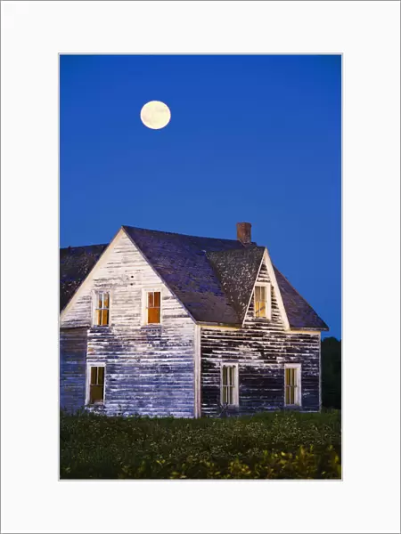 Abandoned House And Moon At Dusk, Perce, Gaspesie, Quebec