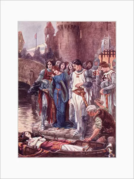 Lancelot Looks At The Dead Lady Of Shalott On Her Arrival At Camelot. Coloured Illustration From The Book The Gateway To Tennyson Published 1910