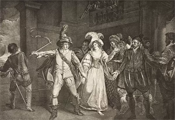 The Taming Of The Shrew. Act Iii. Scene Ii. Padua Before BaptistaA┼¢S House. Petruchio, Katharina, Bianca, Baptista, Hortensio, Grumio And Train. From The Boydell Shakespeare Gallery Published Late 19Th Century. After A Painting By Francis Wheatley
