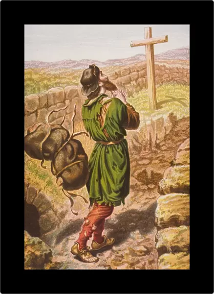 Christian Loses His Burden At The Cross. From The Book The Pilgrims Progress By John Bunyan, From Late 19Th Century Edition