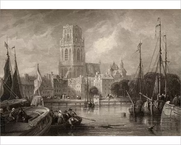Church Of St. Lawrence, Rotterdam, Holland. Engraved By J. Carter From A 19Th Century Print By D. Roberts