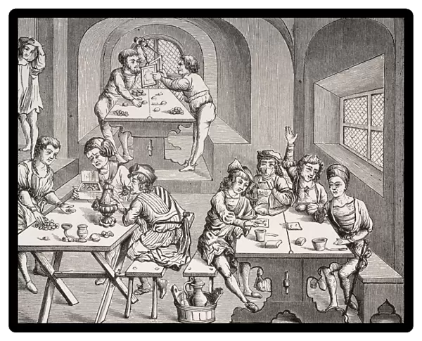Interior Of An Hostelry. 19Th Century Reproduction Of A Woodcut In A Folio Edition Of Virgil Published In Lyons 1517