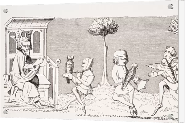 King Modus Teaching The Art Of Falconry. 19Th Century Reproduction Of Miniature In 14Th Century Manuscript Livre Du Roy Modus By Henri De FerriA┼íres