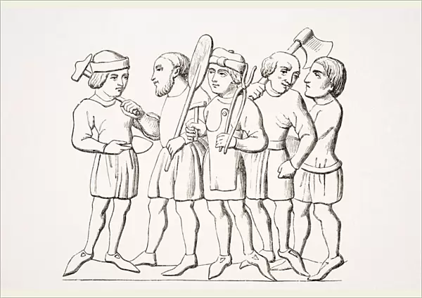Craftsmen In The 14Th Century. 19Th Century Reproduction Of Manuscript Miniature
