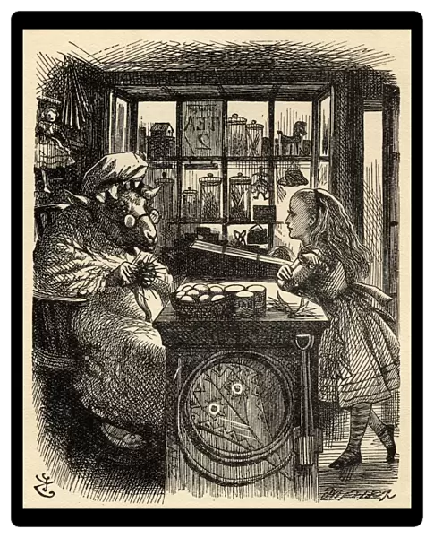 Alice And The Knitting Sheep. Illustration By Sir John Tenniel, 1820-1914. From The Book Through The Looking-Glass And What Alice Found There By Lewis Carroll. Published London 1912