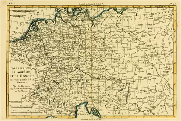 Map Of Germany, Bohemia And Hungary, Circa. 1760. From 'Atlas De Toutes Les Parties Connues Du Globe Terrestre 'By Cartographer Rigobert Bonne. Published Geneva Circa. 1760