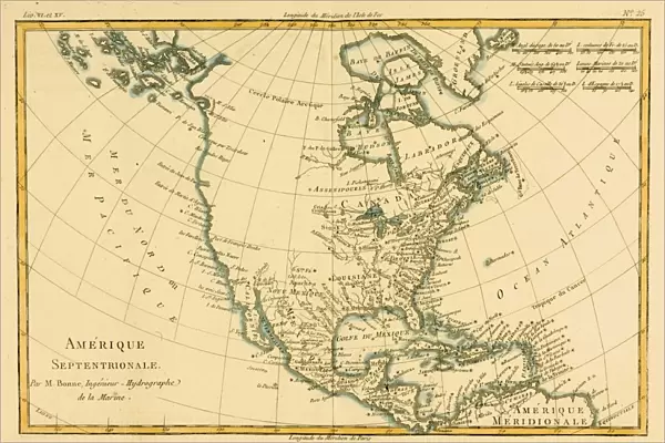 Map Of North America, Circa. 1760. From 'Atlas De Toutes Les Parties Connues Du Globe Terrestre 'By Cartographer Rigobert Bonne. Published Geneva Circa. 1760