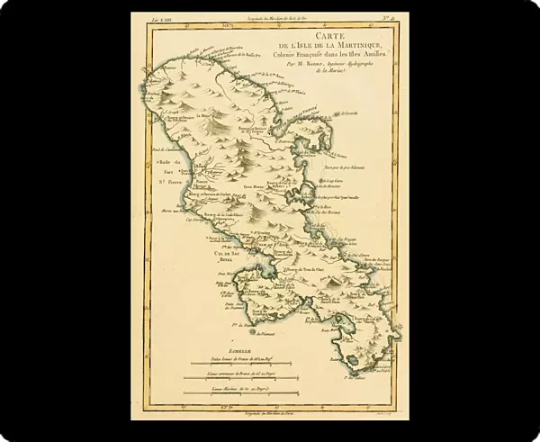 Map Of The Isle Of Martinique Circa. 1760. From 'Atlas De Toutes Les Parties Connues Du Globe Terrestre 'By Cartographer Rigobert Bonne. Published Geneva Circa. 1760