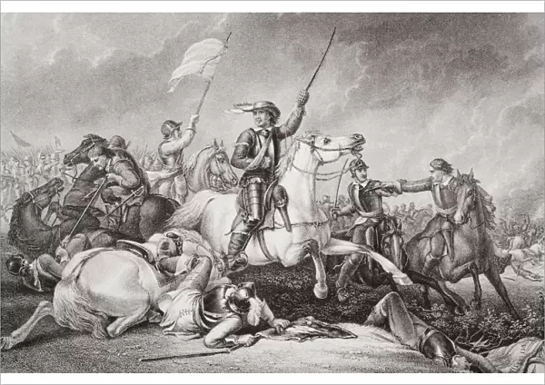 Cromwell At The Battle Of Marston Moor. Leading A Charge After Being Wounded In His Right Arm. Engraved By J. J. Crew After Abraham Cooper. From The Book 'Illustrations Of English And Scottish History'Volume 1