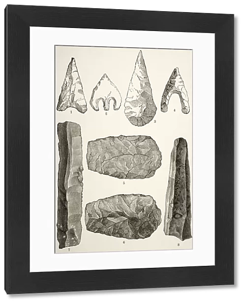 Prehistoric Flint Implements. 1, 2, 3 And 4. Flint Arrow Heads. 5 And 6. Flint Axes. 7. Flint Knife. 8. Flint Scraper. From The Book Chips From The Earths Crust Published 1894