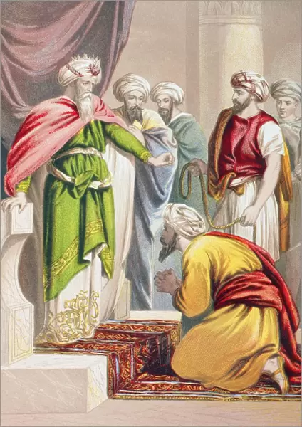 The Parable Of The King And The Unmerciful Servant. The King Cancels The Servants Debt. From The Holy Bible Published By William Collins, Sons, & Company In 1869. Chromolithograph By J. M. Kronheim & Co