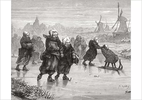 Children Skating To School During The Winter In Zaandam, North Holland, The Netherlands In The 19Th Century. From Pictures From Holland By Richard Lovett, Published 1887