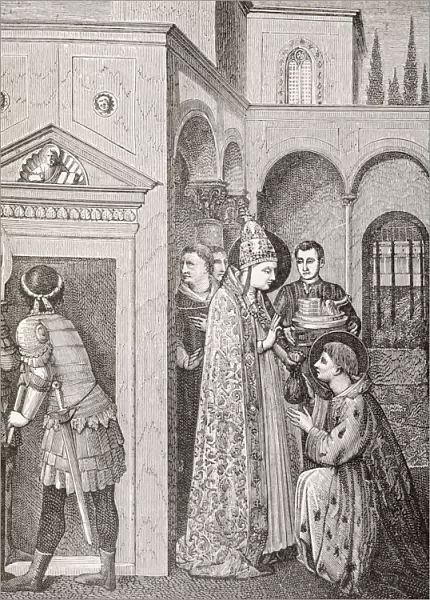 Pope Sixtus Ii Or Pope Saint Sixtus Ii. ? - 258, Seen Here Handing Church Treasures To St. Laurentius For Distribution To The Poor. After A Painting By Fra Angelico. From Military And Religious Life In The Middle Ages By Paul Lacroix Published London Circa 1880