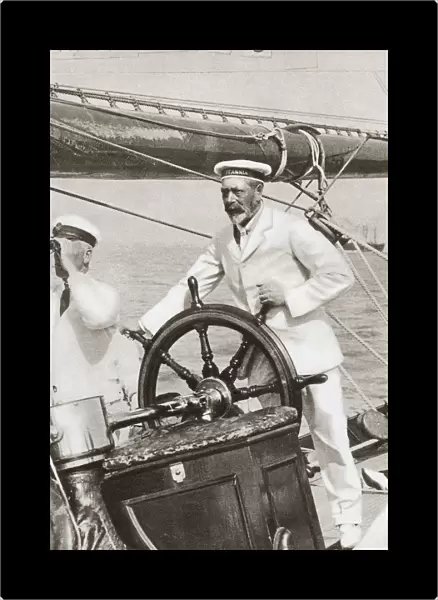 King George V At The Wheel Of His Yacht, Britannia, During Cowes Regatta Week, England, 1924. From The Story Of 25 Eventful Years In Pictures, Published 1935