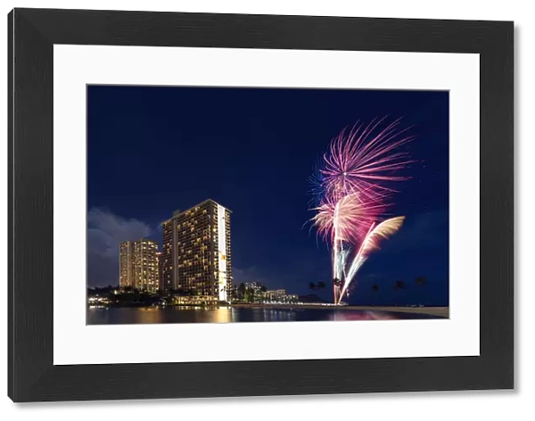 Fireworks at sunset, Waikiki Honolulu, Oahu, Hawaii, USA