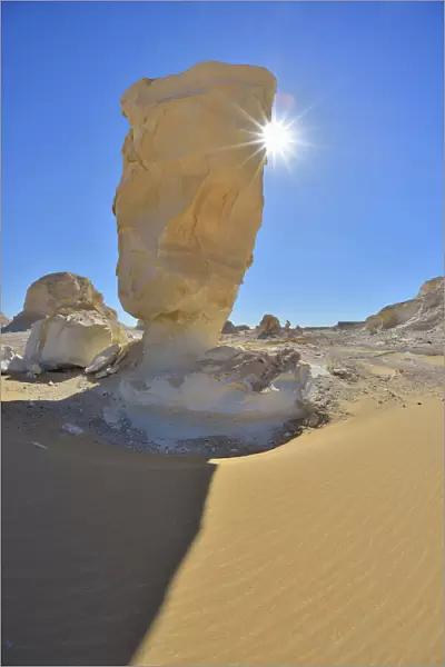Rock Formation and Sun in White Desert, Libyan Desert, Sahara Desert, New Valley Governorate, Egypt