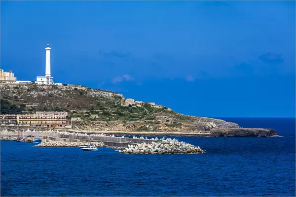 Coastal view with lighthouse at Santa Maria di Leuca in Castrignano del Capo in Puglia, Italy