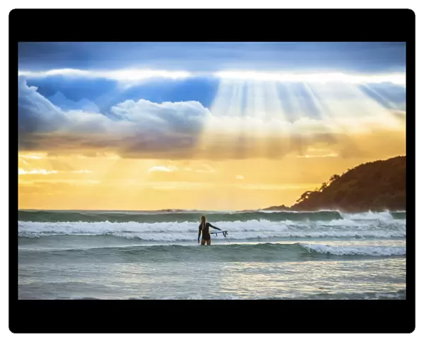 Surfer heading out to catch a wave at sunrise, Arrawarra, New South Wales, Australia