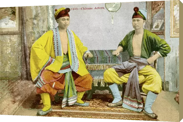Archival colour postcard of two actors in colourful Asian costumes, China, circa 1910