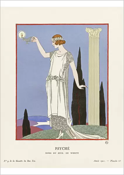 Psyche. Psyche. Robe du Soir de Worth. Evening dress by Worth. Art-deco fashion illustration by French artist George Barbier, 1882-1932. The work was created for the Gazette du Bon Ton, a Parisian fashion magazine published between 1912-1915 and 1919-1925