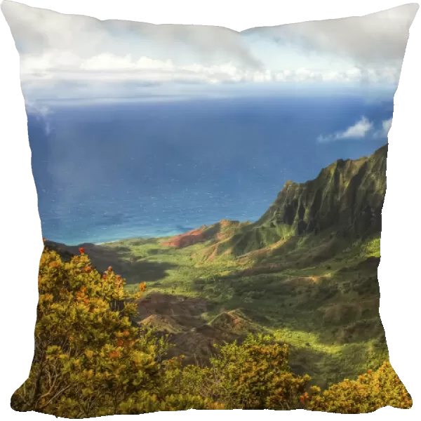 Dramatic mountainous terrain and colourful foliage on a Hawaiian island with a view of the Pacific Ocean; Kauai, Hawaii, United States of America