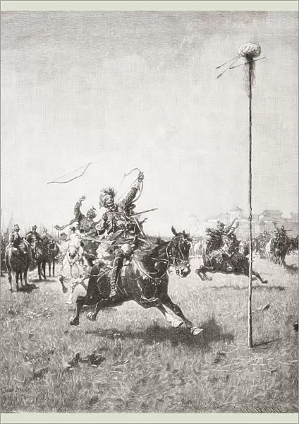 Lisowczycy soldiers in an archery contest, after the painting by Josef von Brandt. The Lisowczycy were an early 17th century irregular unit of the Polish-Lithuanian light cavalry. From Ilustracion Artistica, published 1887
