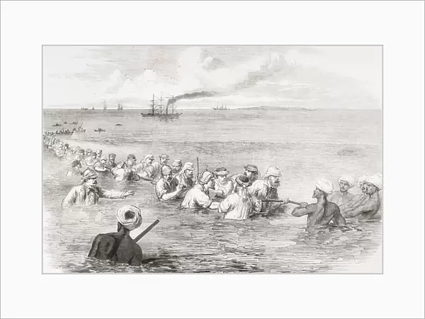The Indo-European telegraph, landing the cable in the mud at Fao, Persian Gulf. From The Illustrated London News, published 1865
