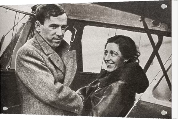 Amy Johnson says farewell to her husband, Jim Mollison, before taking off on her successful attempt to establish a new record to the Cape in 1932. Amy Johnson, 1903 - 1941. Pioneering English aviator who was the first female pilot to fly alone from Britain to Australia. From The Pageant of the Century, published 1934