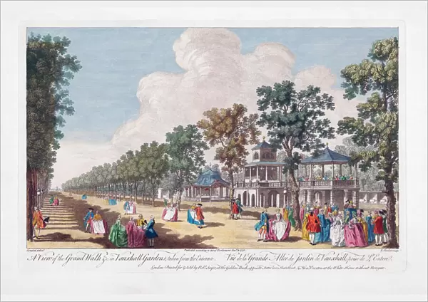 A View of the Grand Walk in Vauxhall Gardens taken from the Entrance. London, England. After a hand-coloured engraving by Edward Rooker from a work by Canaletto. Dated 1751