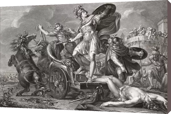 After killing Hector in hand-to-hand combat as revenge for the death of his friend Patroclus, Achilles drags Hectors body behind his chariot in front of the walls of Troy. An 18th century depiction of the incident from Homers Iliad