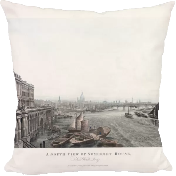 A south view of Somerset House from Waterloo Bridge, London, England. After a work dated 1817 by Joseph Constantine Stadler. Later colourization