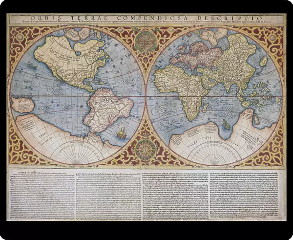 Map of the world by Gerard Mercator, first published circa 1595. Orbis terrae compendiosa descriptio