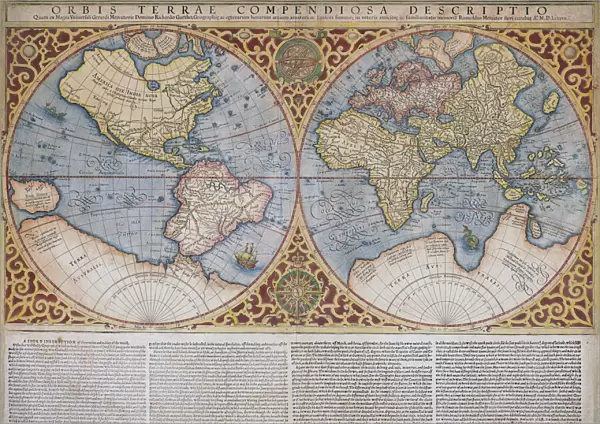 Map of the world by Gerard Mercator, first published circa 1595. Orbis terrae compendiosa descriptio