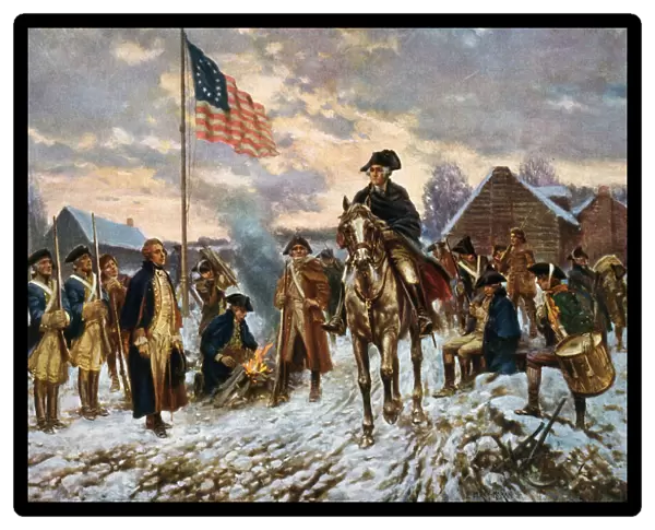 George Washington at Valley Forge during the American Revolutionary War. George Washington, 1732 - 1799. American political leader, military general, statesman, Founding Father and the first president of the United States. After a work by E. Percy Moran, United States of America; Artwork