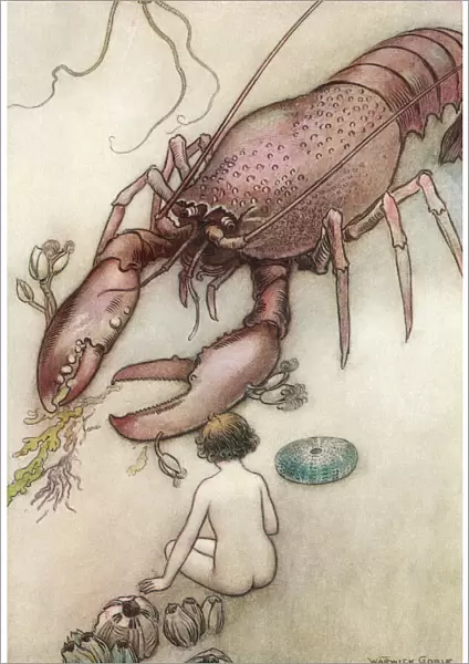 'Tom had never seen a lobster before'. Illustration by Warwick Goble. From The Water Babies, published 1922