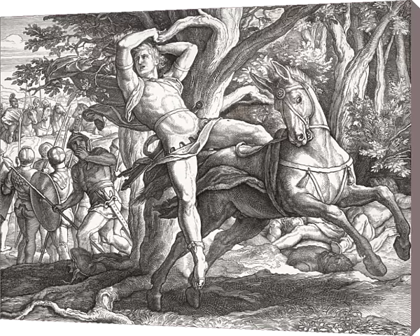 The death of Absalom during the Battle of Ephraims Wood. Absaloms hair was caught in a tree branch, he was thrown from his horse and subsequently killed by Joab. Learning of his death, his father, David, King of Israel, made his famous lament, O Absalom, my son, my son! After an engraving by German engraver Moritz Ferdinand Geringswald from a painting by German artist Julius Schnoor von Carolsfeld