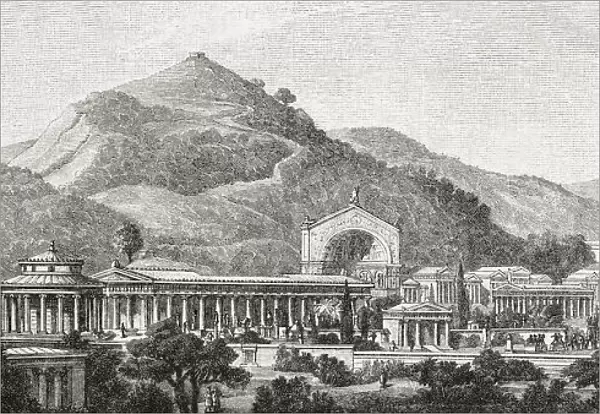 View of Olympia, Greece, as it may have looked during the 5th and 4th centuries Classical Period. The building on the right is the Temple of Zeus. After a work by R. Bohn; Illustration
