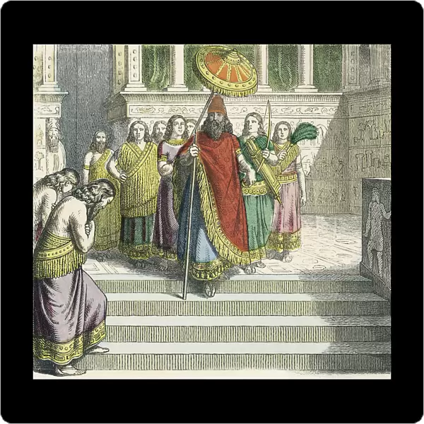 Illustration of an Assyrian king and his retinue descending the steps of his palace in Nineveh. After a 19th century work by Heinrich Leutemann; Illustration