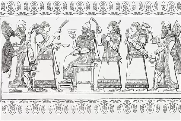 Illustration of an Assyrian king seated on his throne attended by eunuchs and winged figures; Illustration
