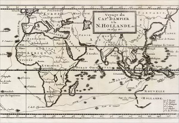 Map showing the route taken by William Dampier on his expedition which reached the shores of New Holland, now Western Australia, in 1699. From a contemporary map. William Dampier, English explorer, 1651 - 1715; Illustration