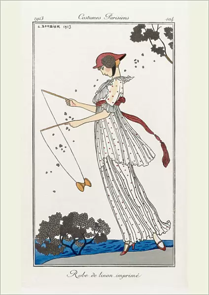 Robe de linon imprime. Printed lawn dress. Print from the high fashion magazine Journal des Dames et des Modes, published from June 1, 1912 to August 1, 1914. After a work by French illustrator George Barbier, 1882 - 1932