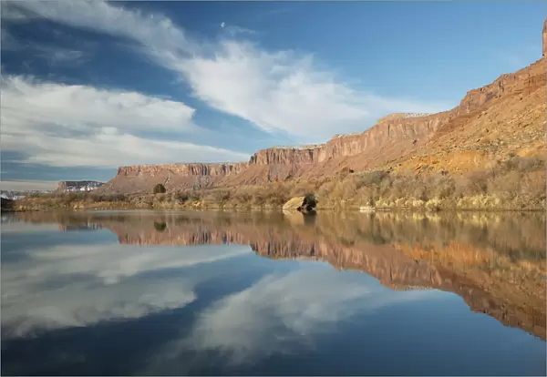Cliffs reflected in river, Hittle Bottom, Colorado River, near Castle Valley, Utah