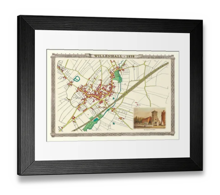 Framed Print : Old Map Print of Willenhall with St Giles Church 1838 Framed Print : Old Map Print of Willenhall with St Giles Church 1838
