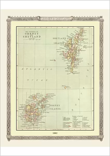 Old Map of the Orkney and Shetland Isles from the Philips Handy Atlas of 1882