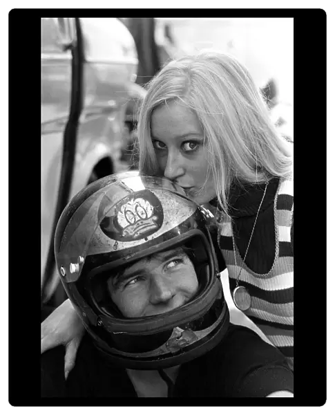 Barry Sheene at TT races in Isle of Man with girlfriend Lesley Shepherd. June 1971